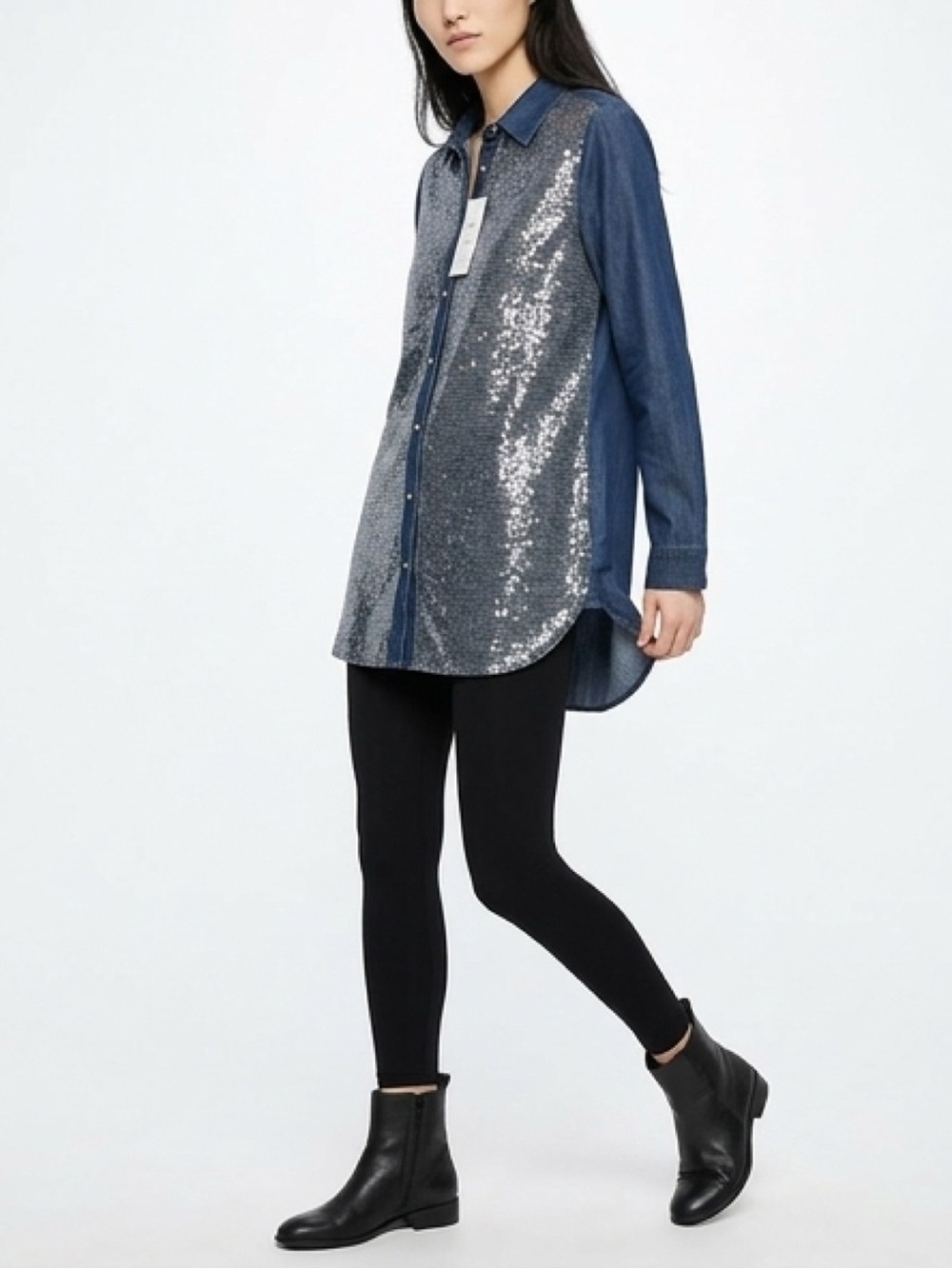 Chico’s Platinum Sequin Denim Tabitha ll Shirt Size 1 NWT Venice Wash